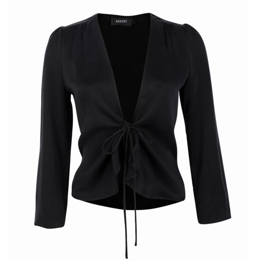 * LAST ONE * black silky tie front top